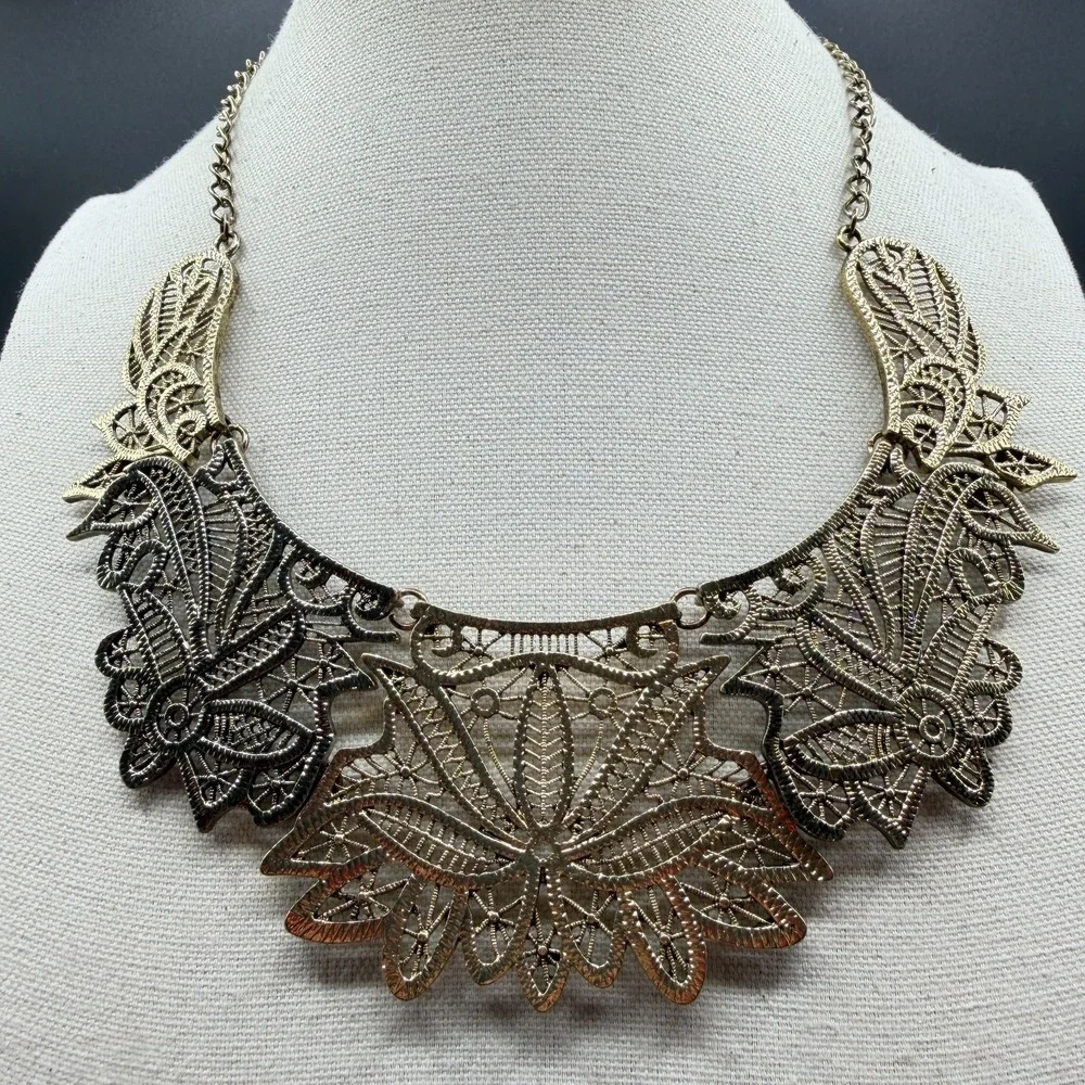 Antique Gold Tone Filigree Floral Bib Necklace Boho Statement Festival Jewelry